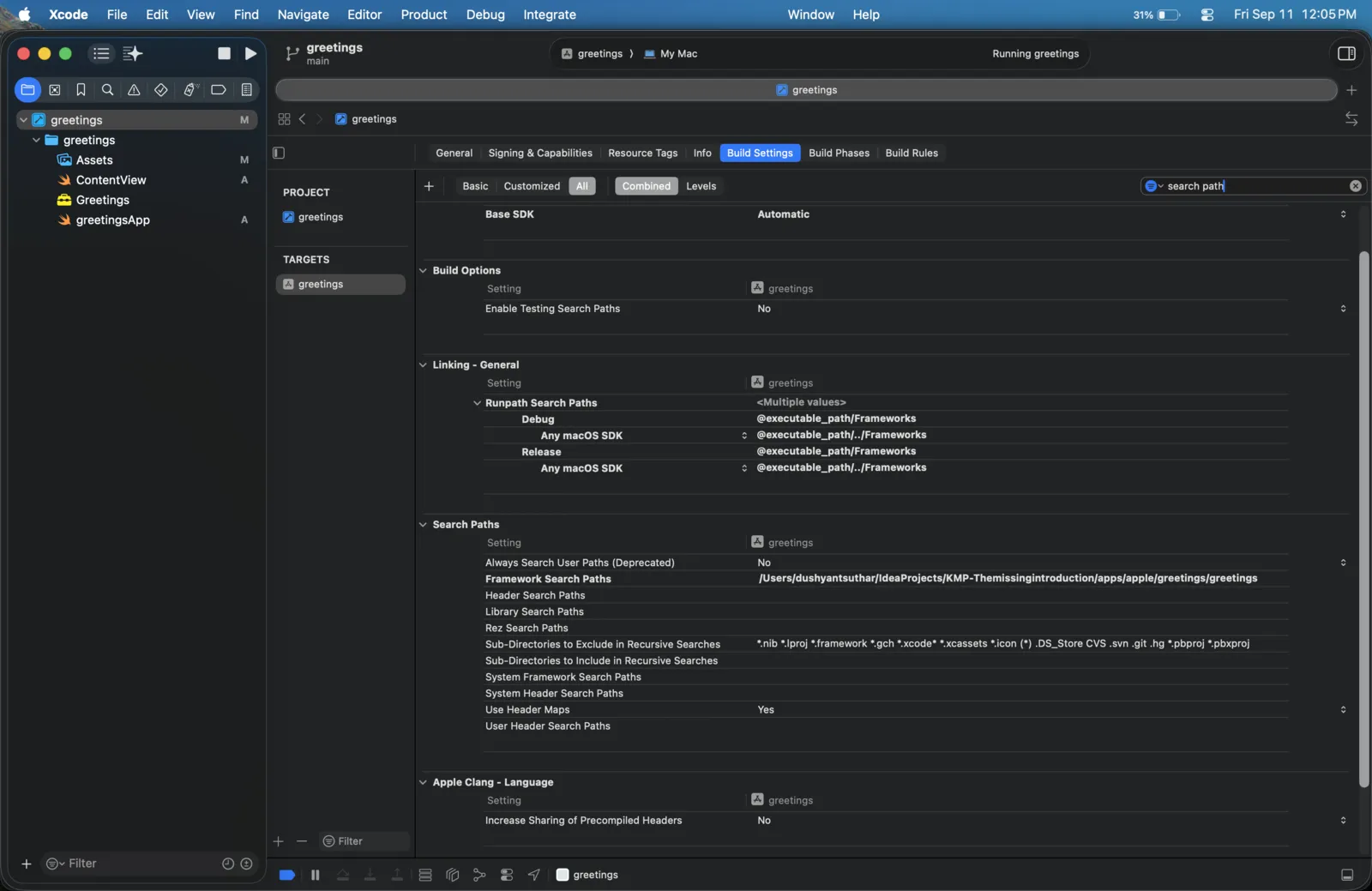 Xcode Build Settings, Framework Search Paths with the greetings folder added