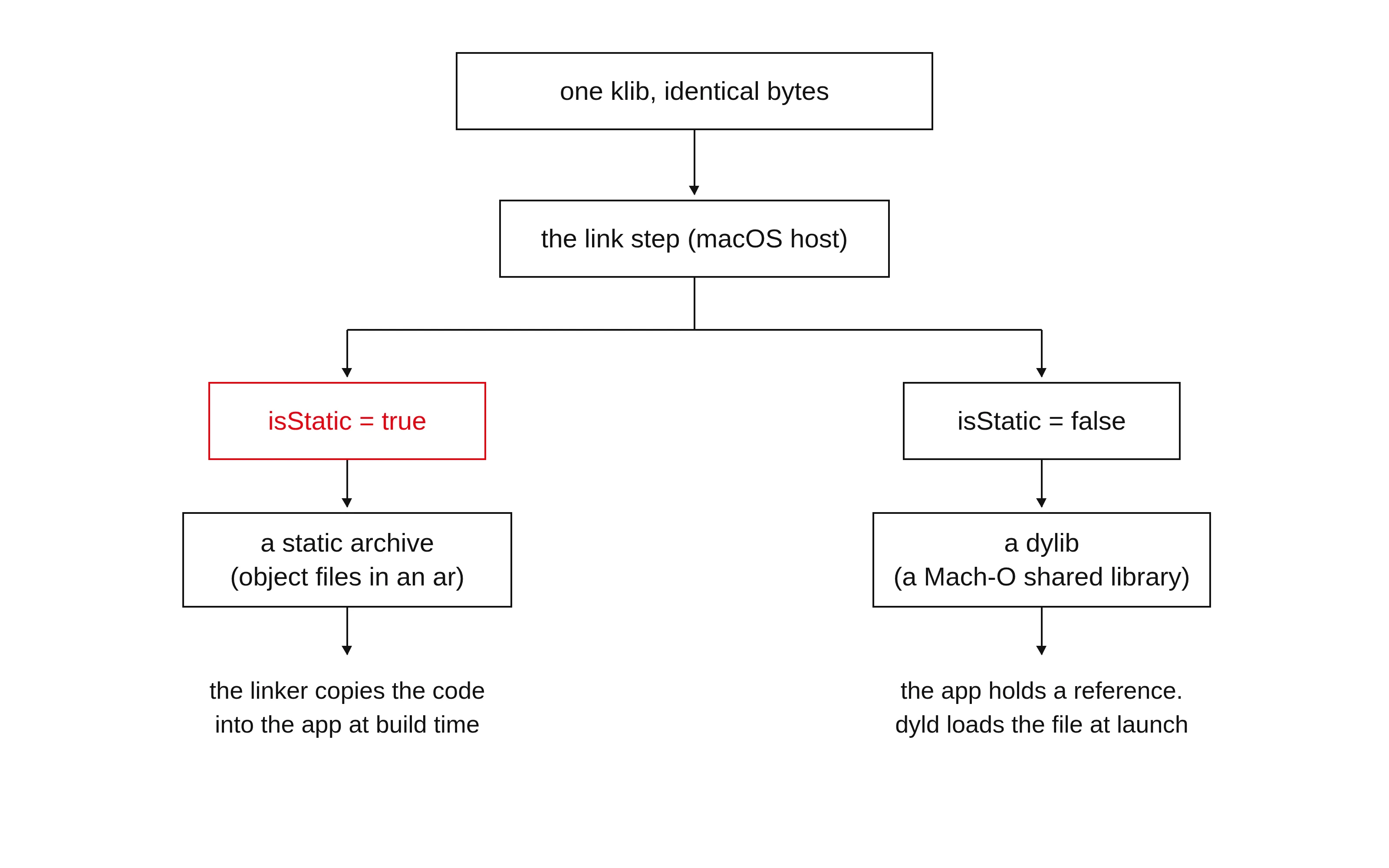 One klib splits into two link outputs: a static archive copied into the app, or a dylib loaded at launch