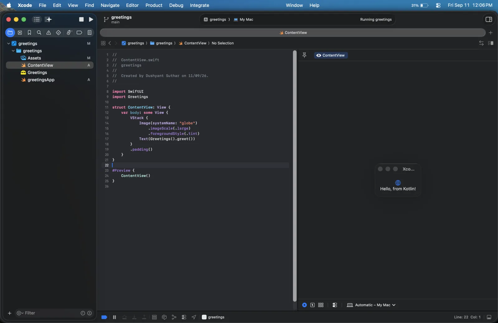 Xcode running the app